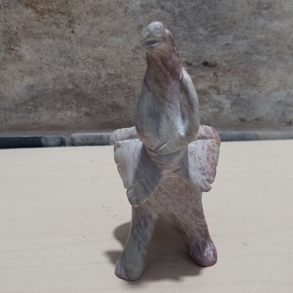 Small Hand Carved Elephant Figurine Pink White Stone Marble Onyx Trunk Raised - Picture 3 of 12